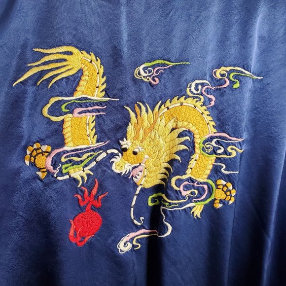 Health Shanghai Size M Kimono Robe Silky Rayon Embroidered Dragon Tie Belt Blue - Picture 1 of 14